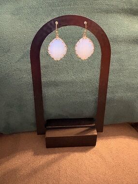 Faceted Oval Shaped Opalite Dangle Earrings Goldtone